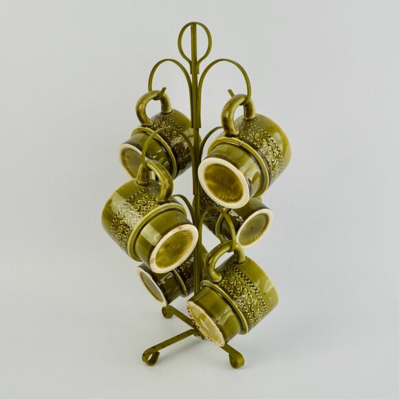 Vintage Avocado Green Japan Coffee Mugs Set of 6 With Storage Tree - Picture 1 of 10